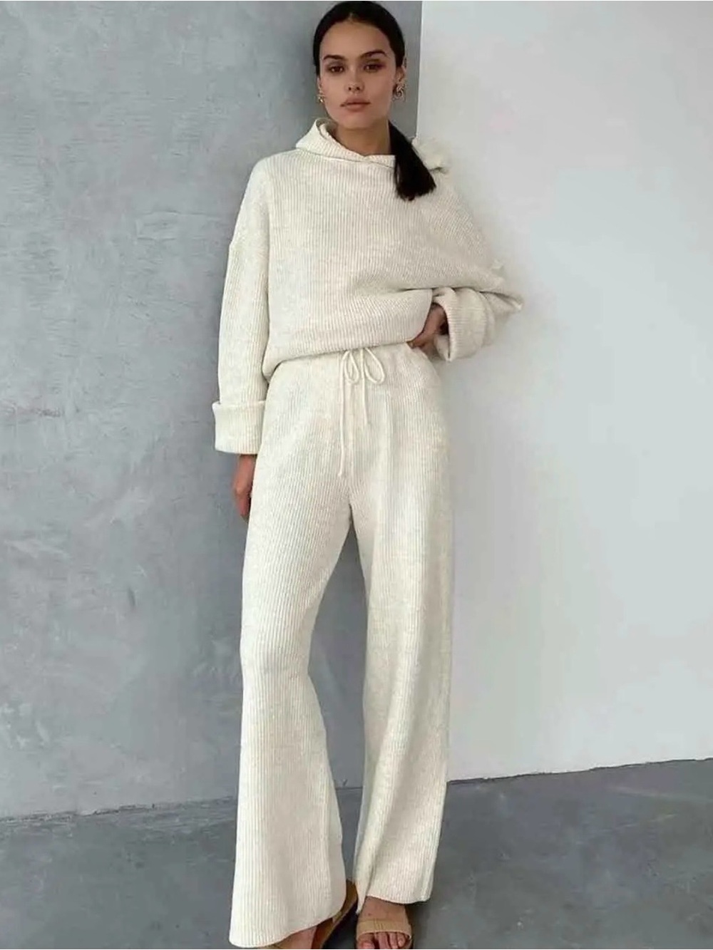 Cozy Ribbed Drawstring Lounge Pant set Cream